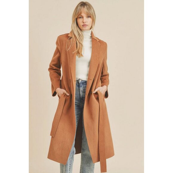 Paper Crane Sz. S Camel Belted Double Breasted Coat - Picture 2 of 16